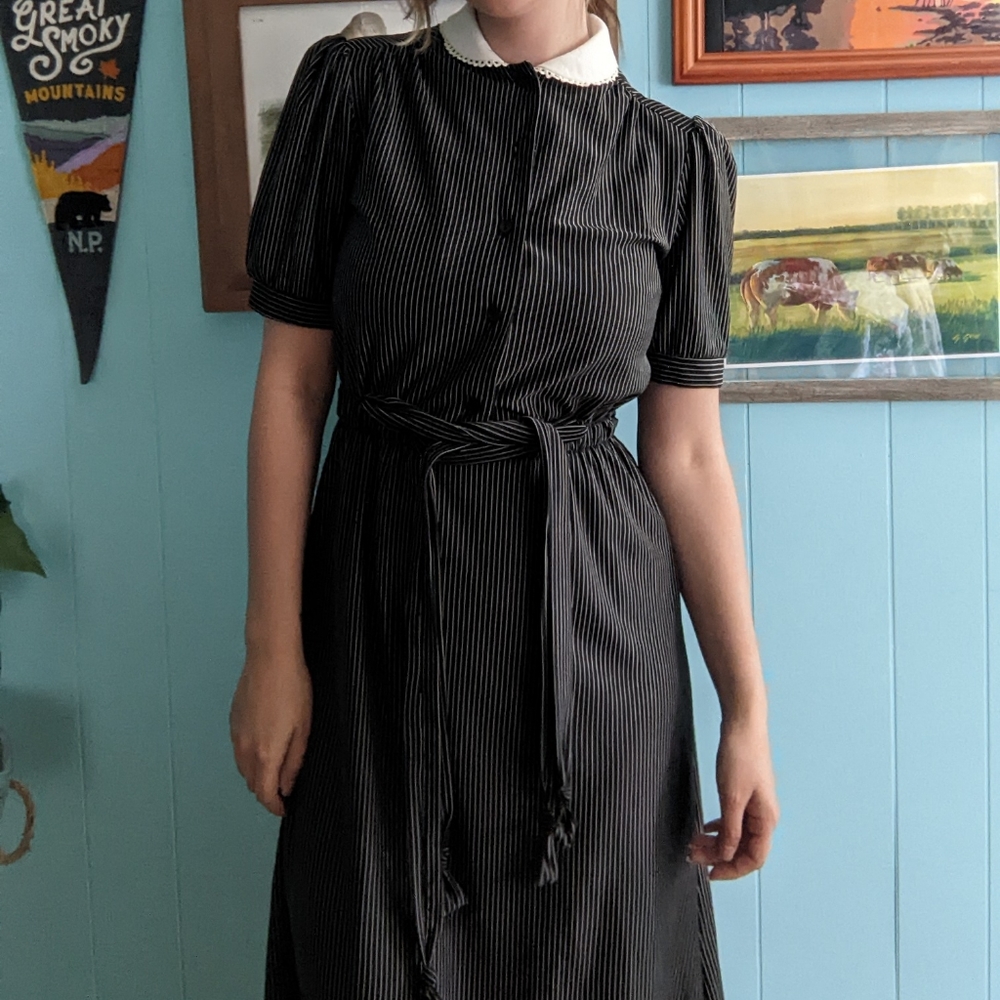 Vintage 1980s black and white striped Wednesday Addams dress - small